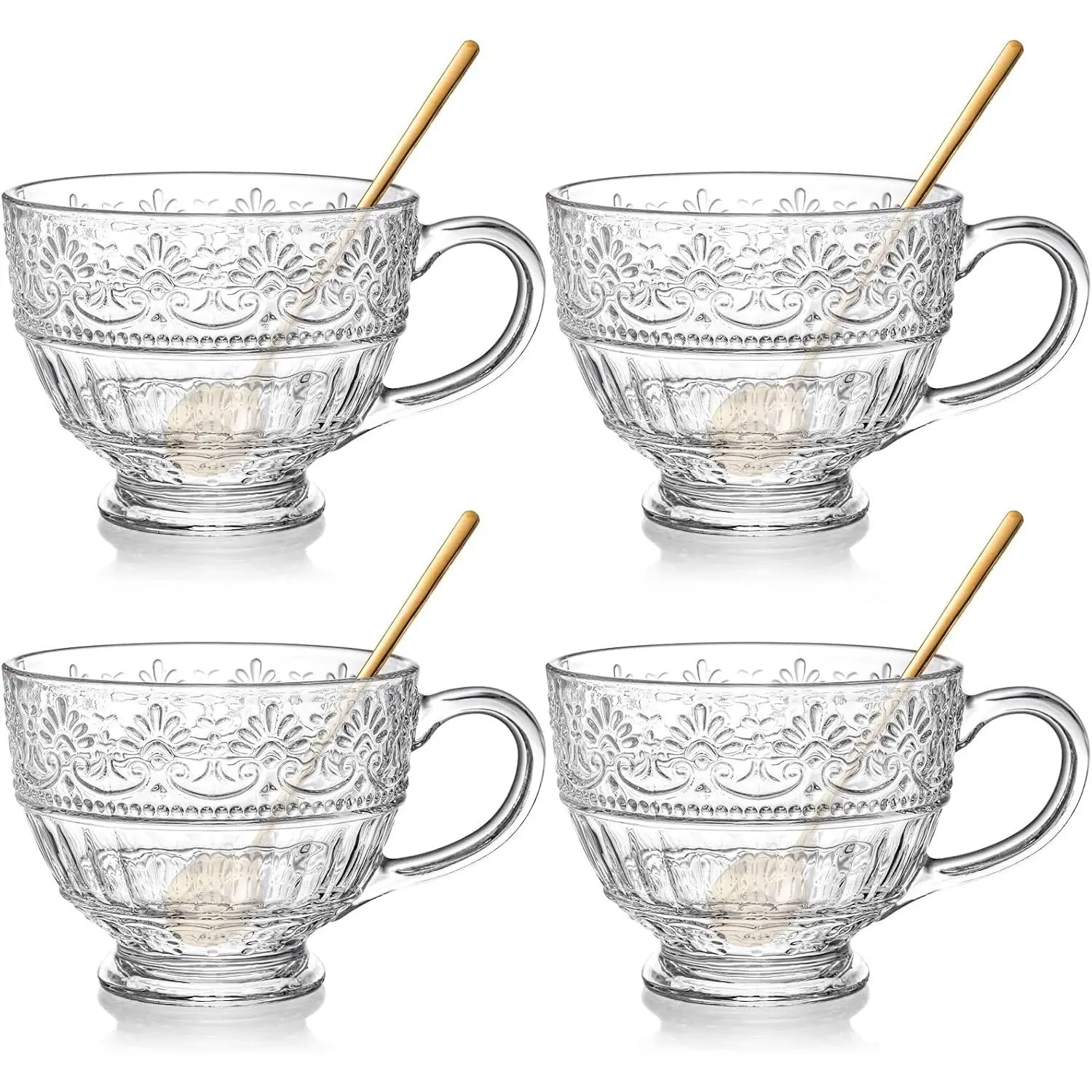 4 Pack Glass Coffee Mugs, 16 OZ Clear  Cups with Handle and Spoons,  Drinking Glassware for Latte, Cappuccino, , Juice, Hot Beverage, Water, Dishwasher & Microwave Safe