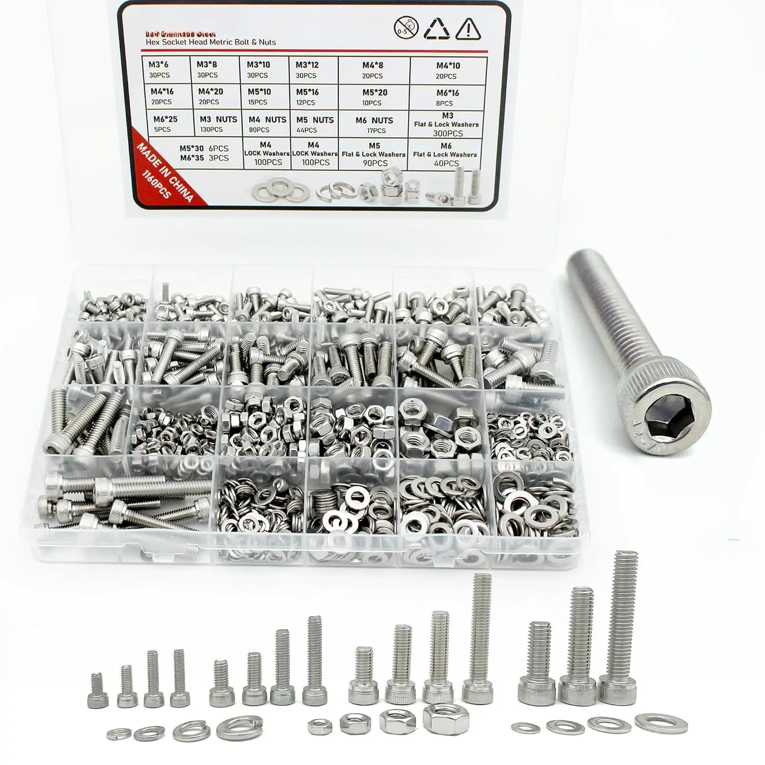 1160 count M3/M4/M5/M6 Hex Socket Bolt Kit,304 SS Metric Screws