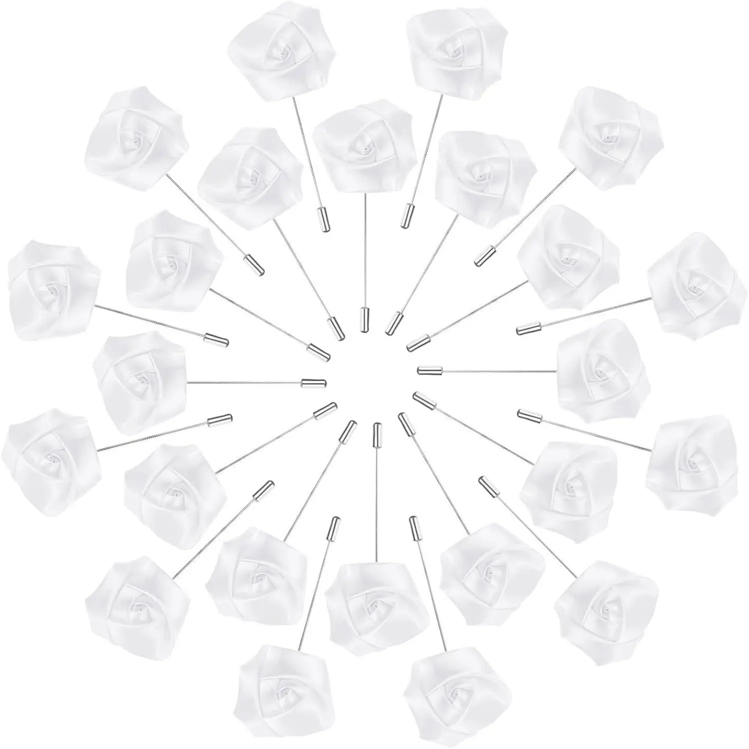24-Pack Flower Lapel Pins for Men, Rose Boutonnieres Pin Groom Boutonnieres for Wedding/Dance/Party, Men Lapel Pins for Suits Satin Flower Corsage [Pure White]