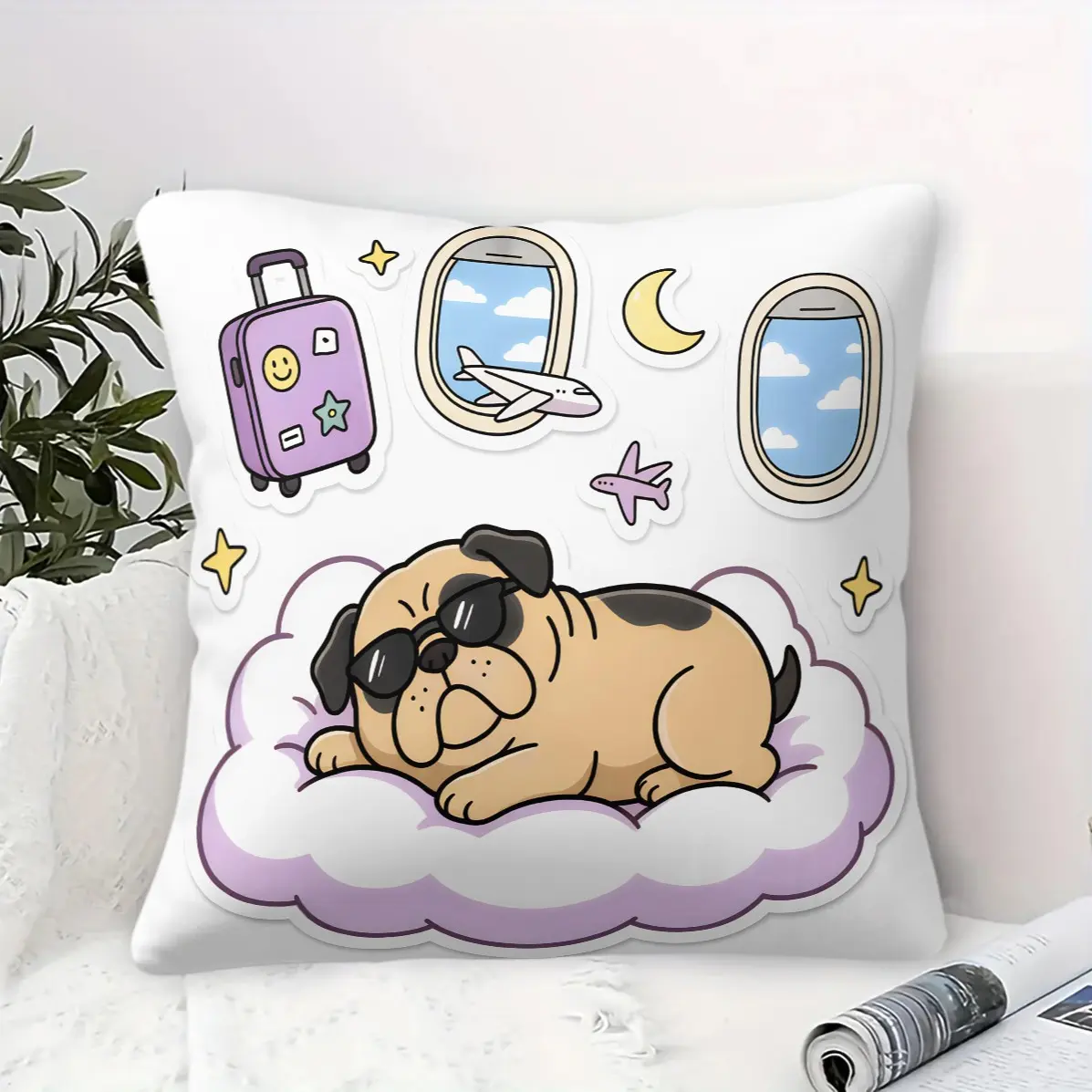 Cute Travel Pug Square Throw Pillow With Insert, Multiple Trip Puppy Cartoon Print, Childish Soft Home Decor, Versatile Aesthetic Cushion For Sofa Bedroom