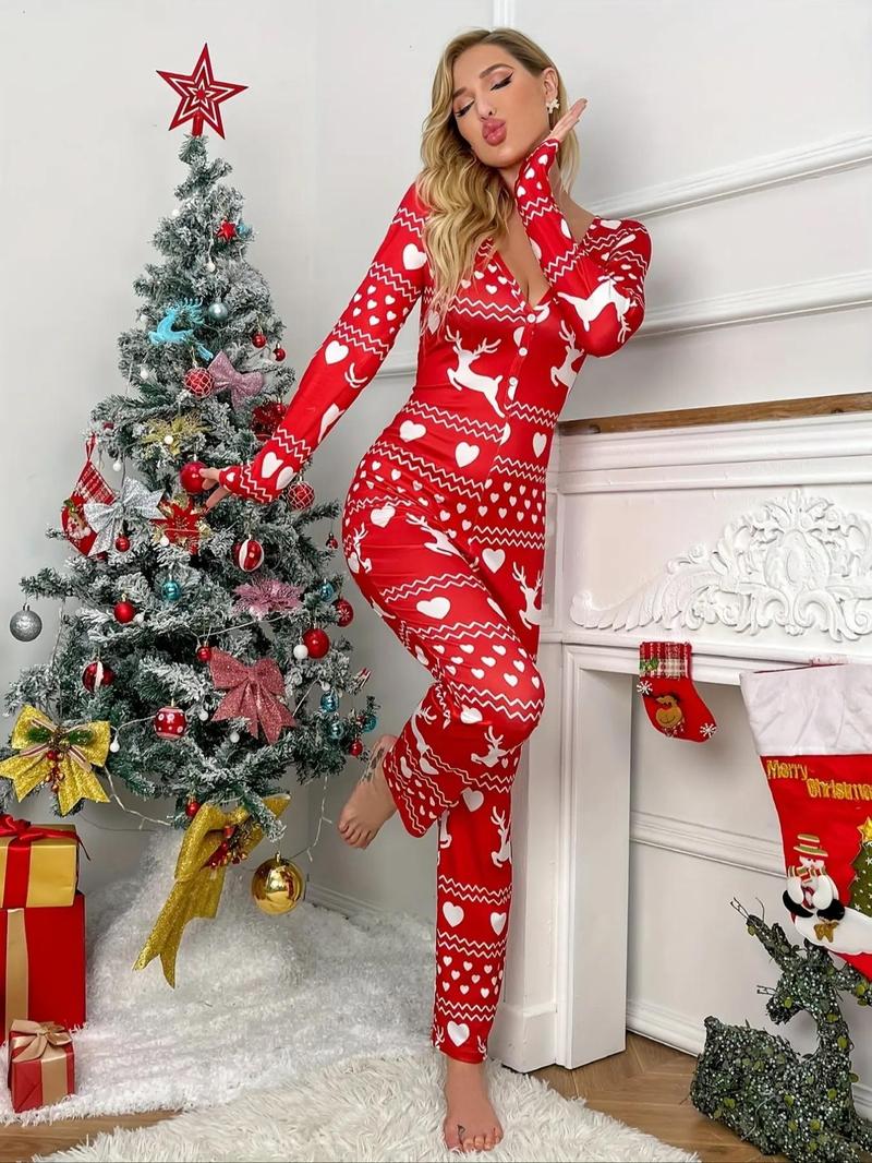 Women's Christmas Themed Print Button Front Lounge Jumpsuit, Casual Comfy Long Sleeve V Neck Jumpsuit, Ladies Sleepwear for Fall & Winter Pajama Onesies