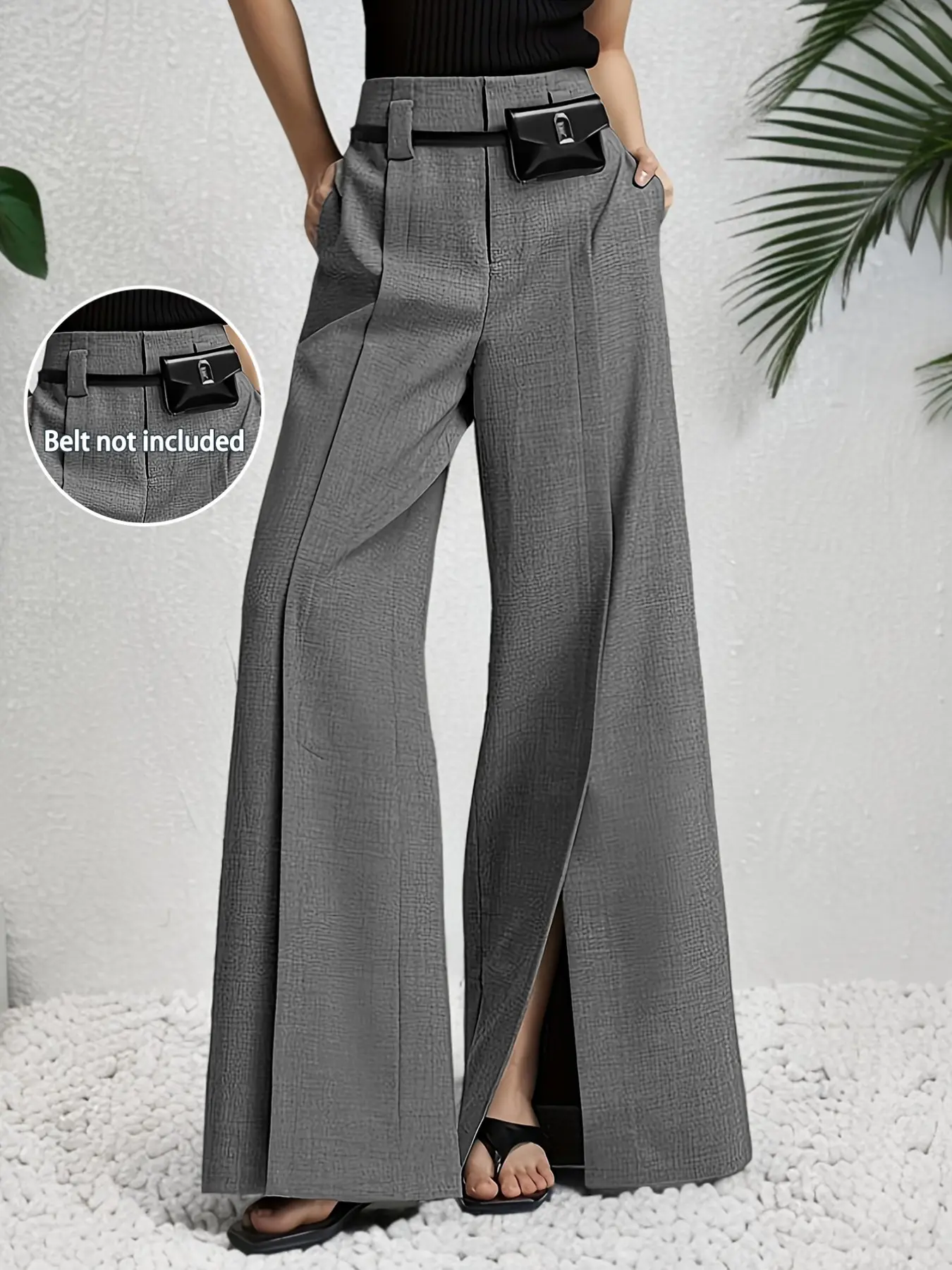 High-Quality Textured Split Wide-Leg Pants for Women, High-Waisted Pleated Flowy Slimming Front Split Loose Fit Suit Long Pants Bottoms