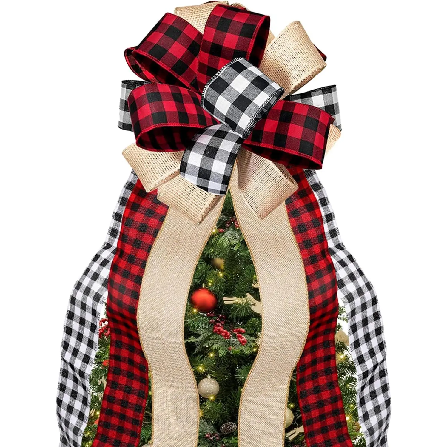 Christmas Tree Topper Large Buffalo  Burlap Red and Black  Bow for Xmas Tree  Holiday Party Decorations-13 x 29 Inch
