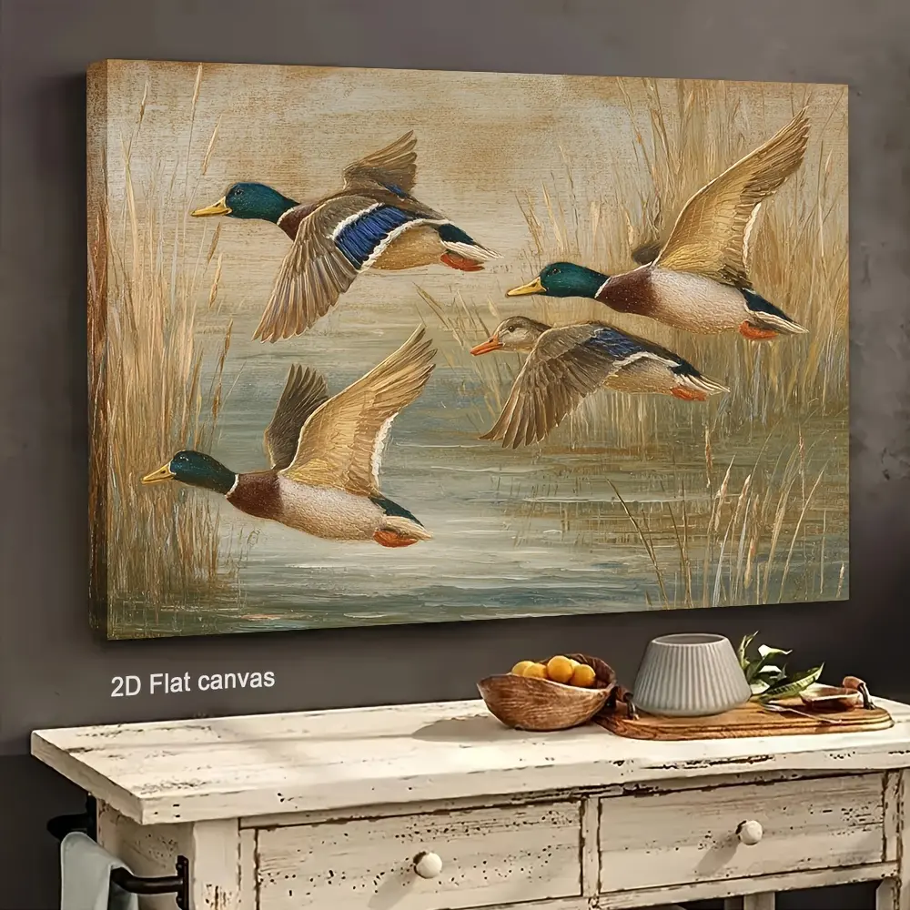 2d flat poster,Two-dimensional canvas painting, framed canvas oil painting, depicting vintage-style green-headed ducks--three ducks flying across the water, with a realistic printing effect, suitable for office or gallery wall decoration--for decorative p