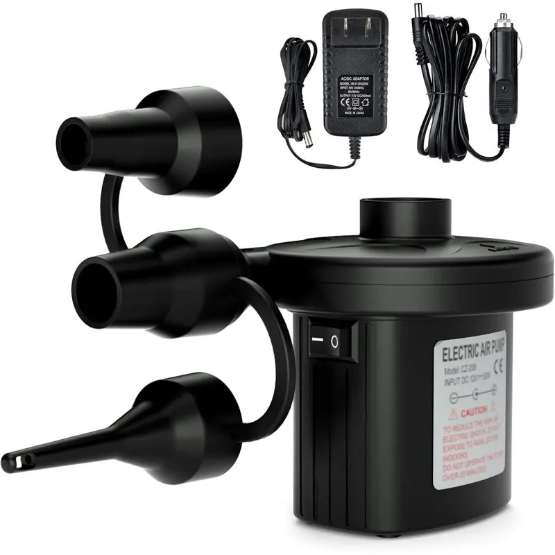 Compact Portable Electric Air Pump Inflator-Deflator with AC/DC Adapter & Nozzles for Air Mattress, Pool Floats, Camping Inflatables, Inflation