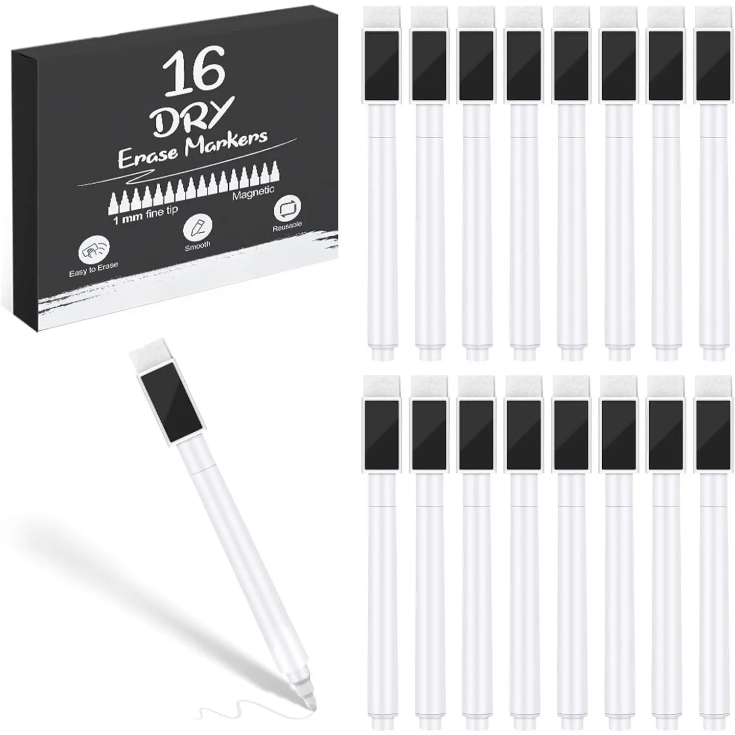 White Dry Erase Markers for Blackboard,  Fine Tip, 16 Pack | White Ink  Cap Markers with Fine Tips for Blackboards, School, Office,  and Family Use