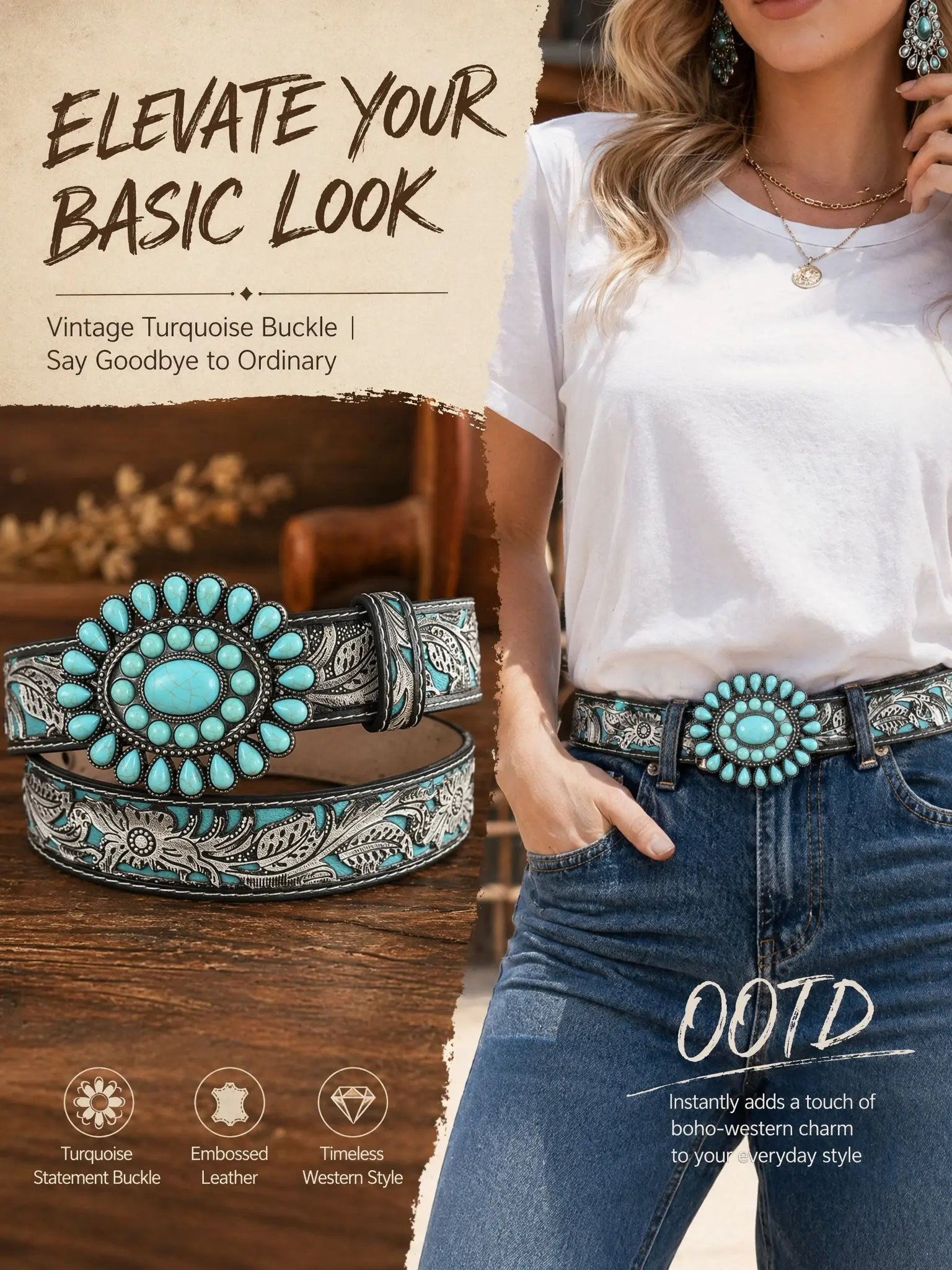 Women's Bohemian Style Waist Belt with Turquoise Alloy Buckle, Boho Belt, Dress Belts, Vintage Fashion Accessory for Ladies, Elegant Design for Daily Wear