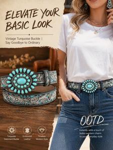 Women's Bohemian Style Waist Belt with Turquoise Alloy Buckle, Vintage Fashion Accessory for Ladies, Elegant Design for Daily Wear