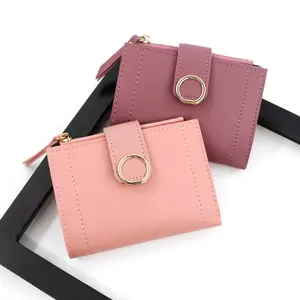 Women's Minimalist Foldable Round Ring Metal Snap Bi-Fold Short Wallet - Smooth Faux Leather, Side Zipper, Multi-Card Coin Purse for Driver License Daily Use Gift (All Over Print)