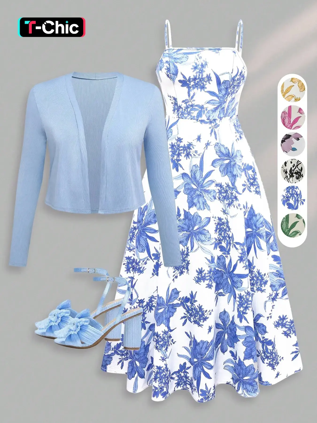 Women's French Style Floral Printed Long Dress Set, Romantic Summer Dress for Dates, Vacation and Beach Photoshoot