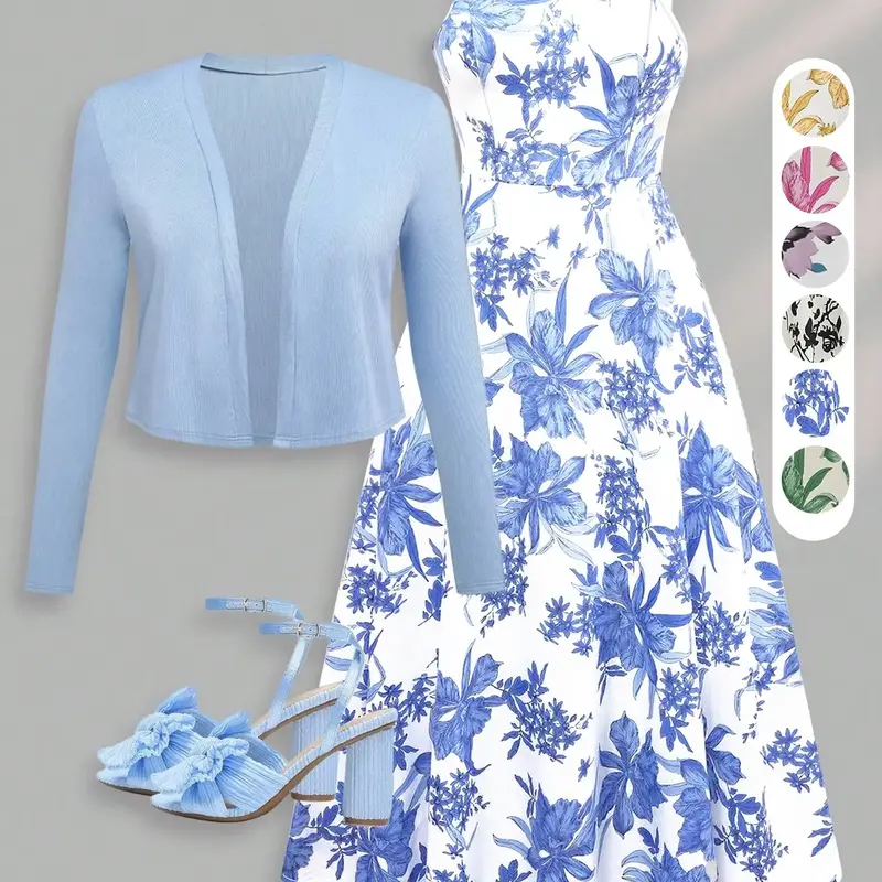 Women's French Style Printed Long Dress Set Casual Romantic Summer Dress for Dates, Vacation and Beach Photoshoot