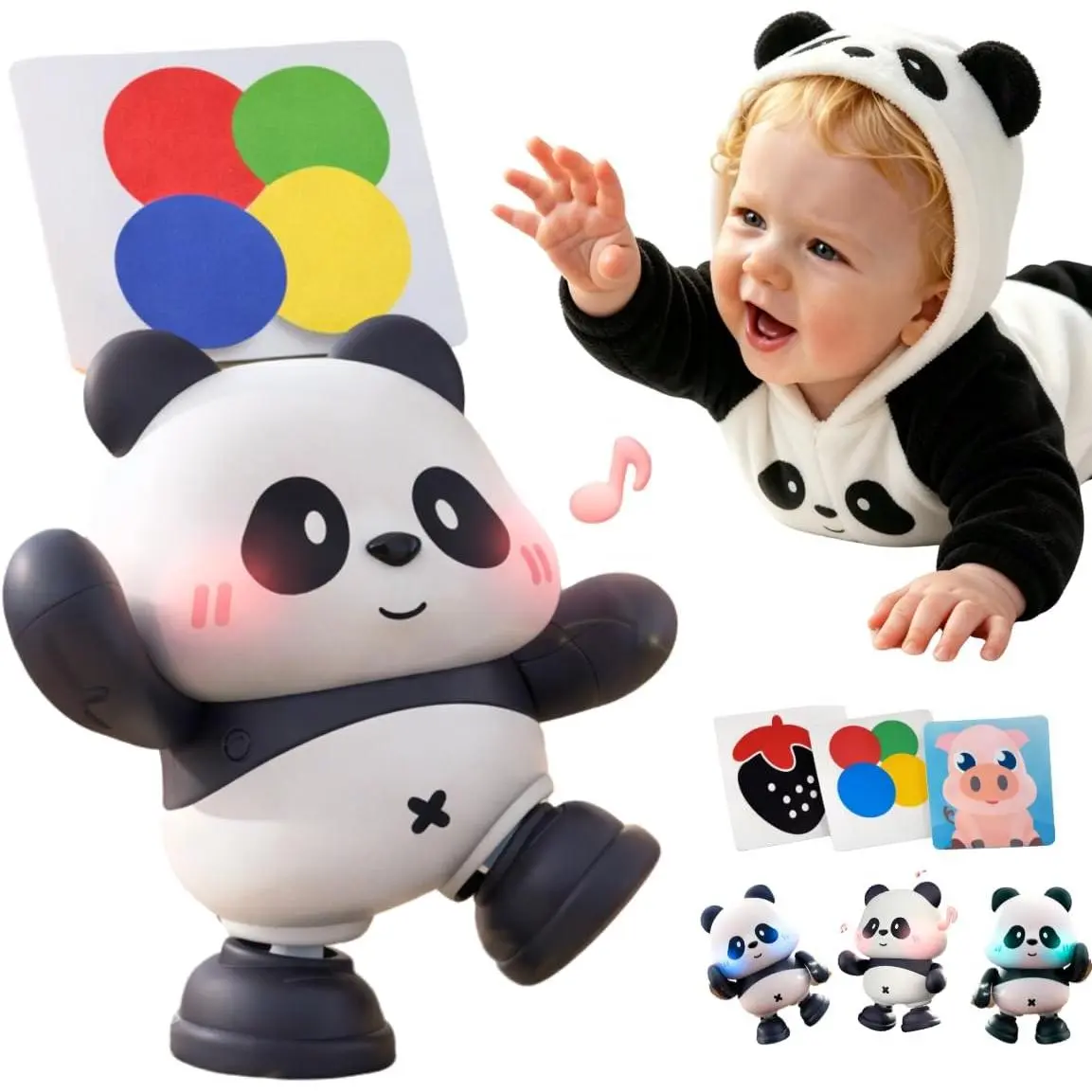 Dancing Panda High Contrast Musical Toy| Independent Tummy Time 0-6M, Crawling Encourage 6-12M| Light-Up Changes, Hands-Free Flash Card Stand for Newborns, Infants, Drop-Proof, Abs, Black And White