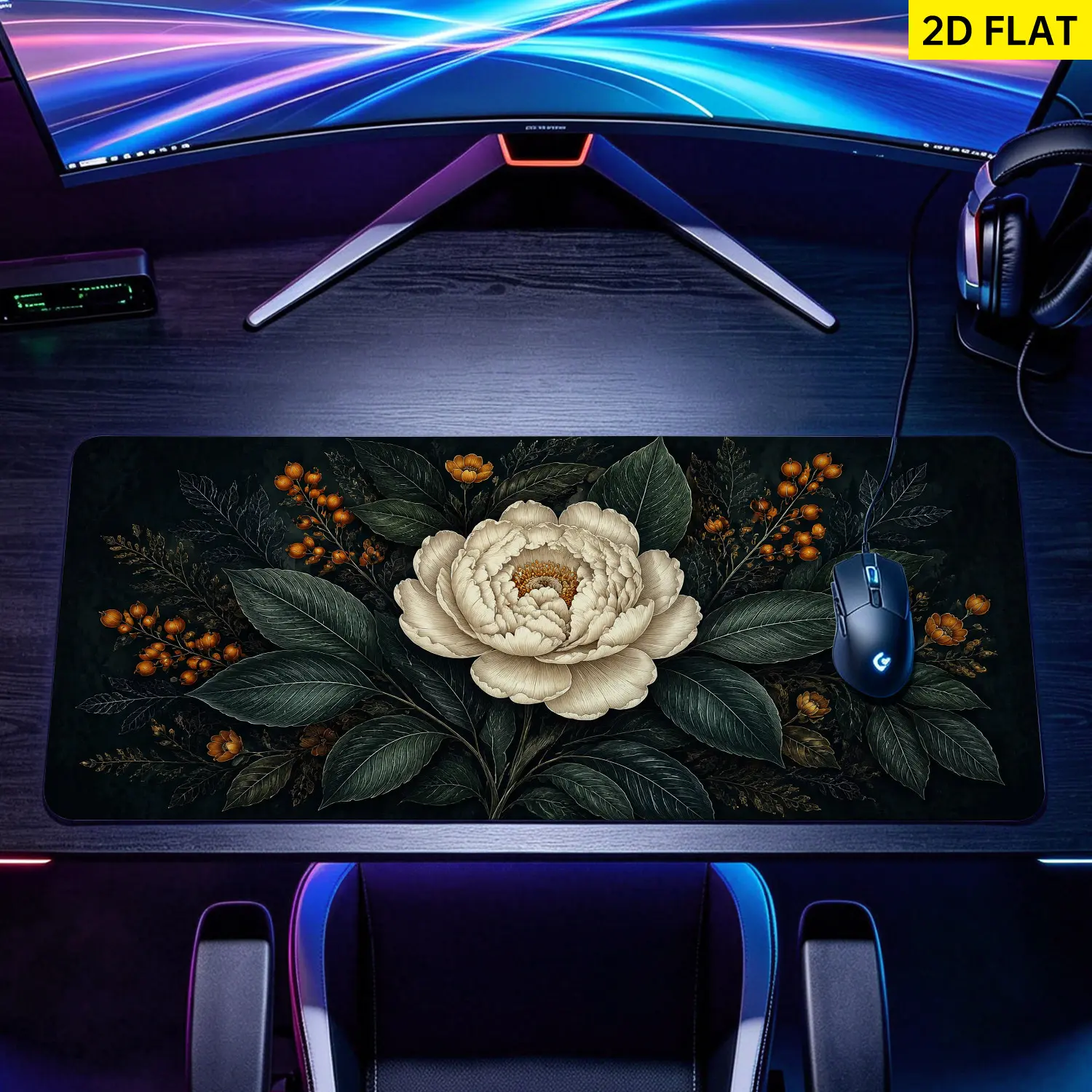 Extra Large Vintage Floral Peony & Berry Design Mouse Pad, Non-Slip Rubber Base, Lock Edge, Washable, Multi-Size, Premium Precise Control Mousepad for Office, Home, Gamers, Gaming, Desktop Decoration & Protection, Gift for Family Friends, Stitched Edges