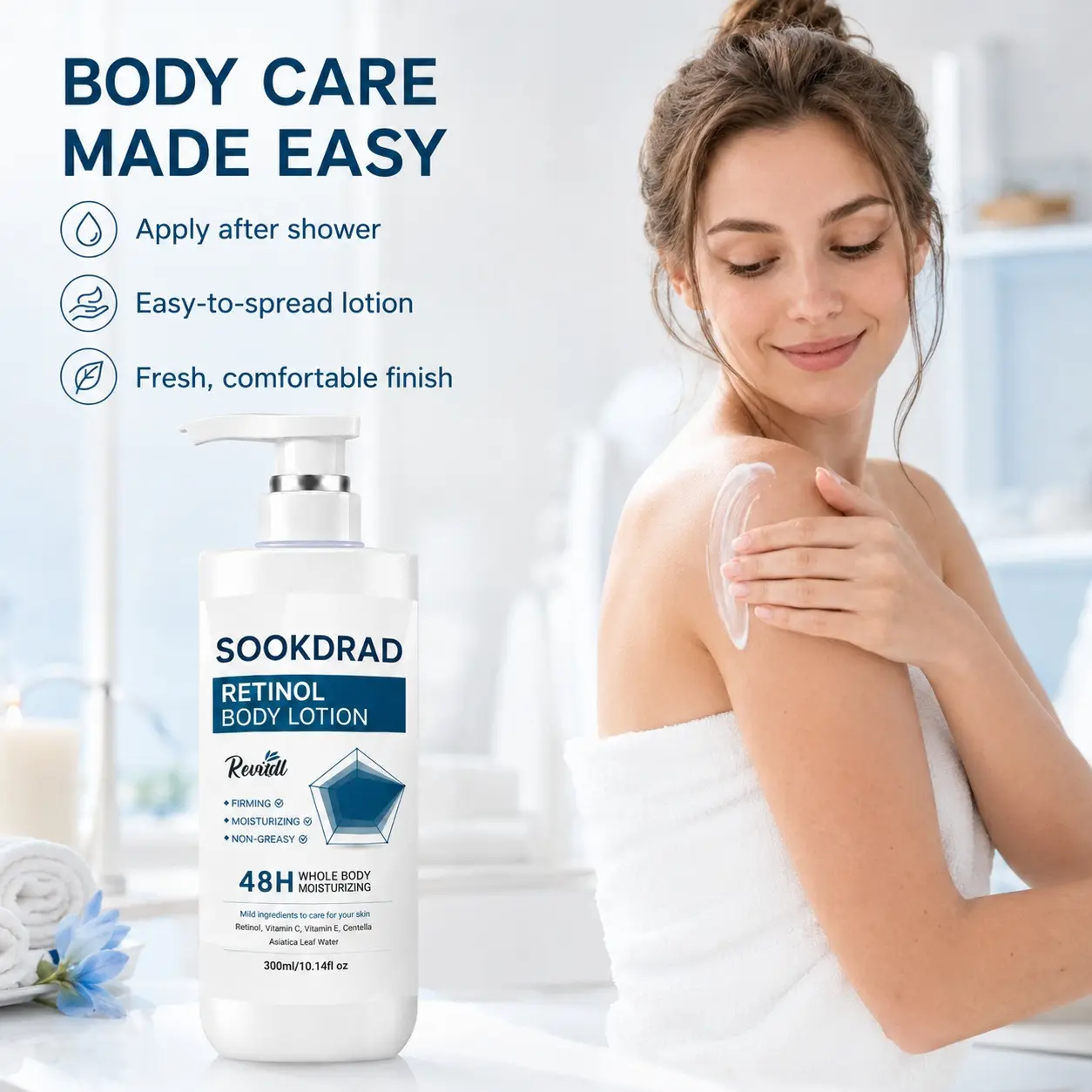 Retinol Body Lotion, with Retinol, Vitamin C, Vitamin E, Centella Asiatica Leaf Water, firming, moisturizing, non-greasy, 48-hour whole body moisturizing, suitable for whole body, 300ml/10.14fl oz