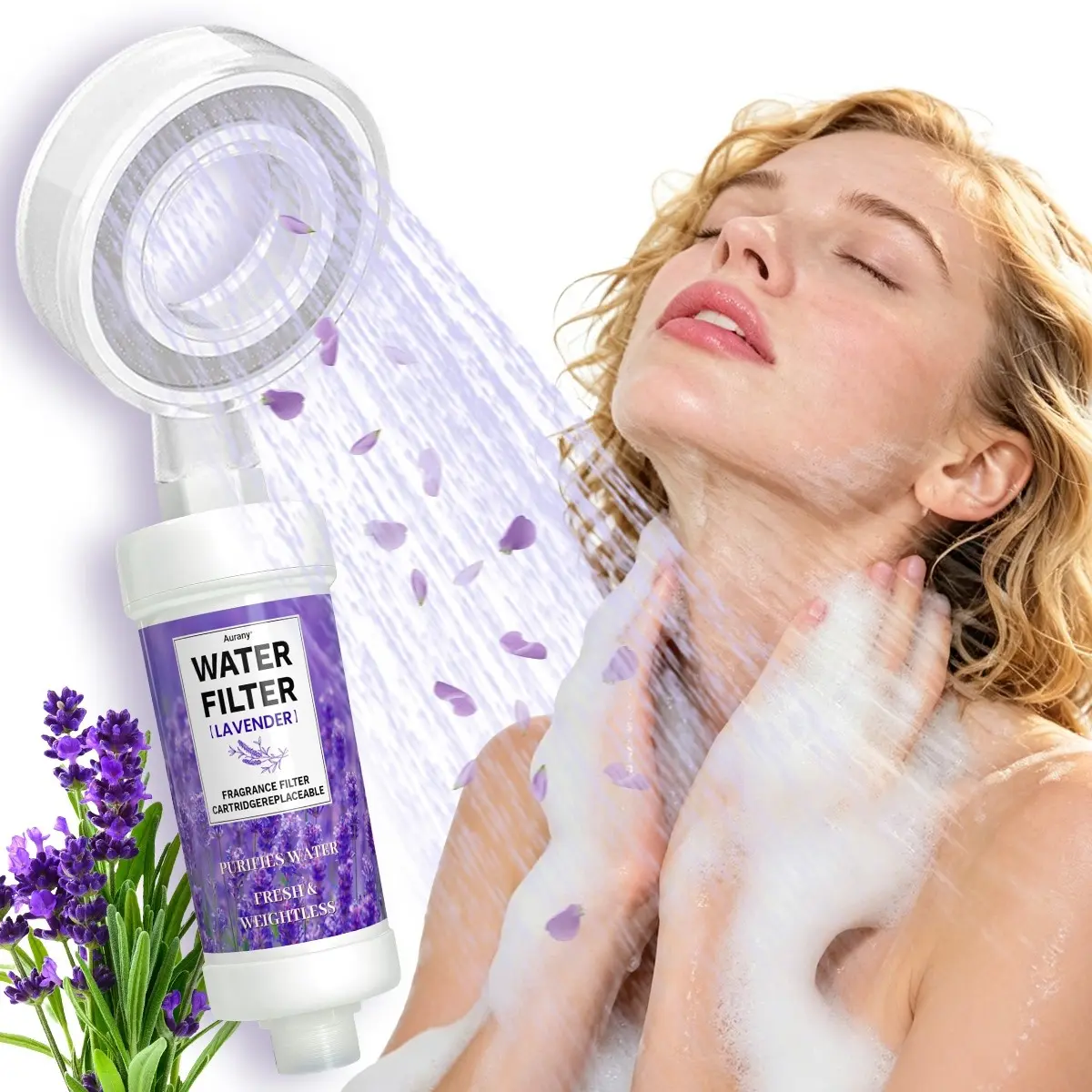 Water Filter, Shower Filter, Portable Shower Filter， Purifies, Freshens & Adds A Subtle Lavender Scent. Replaceable Cartridge For Clean, Weightless Water Every Day. Perfect For Drinking & Bathing