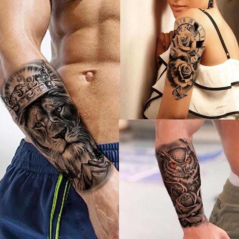 69 Sheets 3D Realistic Tiger Lion Temporary Tattoos For Women Forearm Men Arm, Half Sleeve Wolf Owl Skull Skeleton Waterproof Fake Tattoos For Adults Thigh, Black Animal Bulk Tattoo Sticker