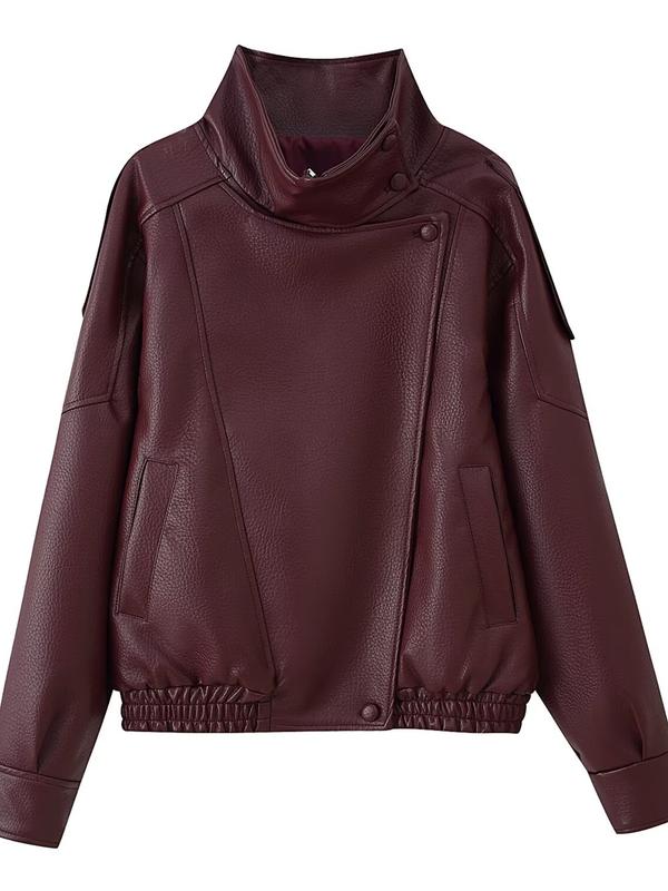 Women's Fashion Lychee-Grain PU Leather Jacket, European and American Style Biker Jackets for Autumn and Winter