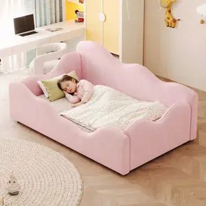 Upholstered Toddler Bed with Safety Guardrails, Kids Floor Bed for Girl and Boys, Upholstered Platform Bed with High Headboard & Footboard,Compatible with standard US toddler mattresses ,for 1-6 Years Old,Cloud-Shaped Kids Daybed,Pink