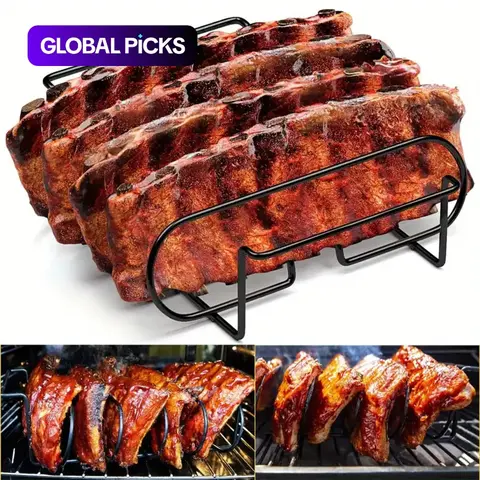 1pc Stainless Steel BBQ Rib Rack, Portable Grilling Tool, BBQ Tools for Outdoor BBQ and Smokers, Holds 4 Full Racks of Ribs, No Battery Required #GLOBAL PICKS