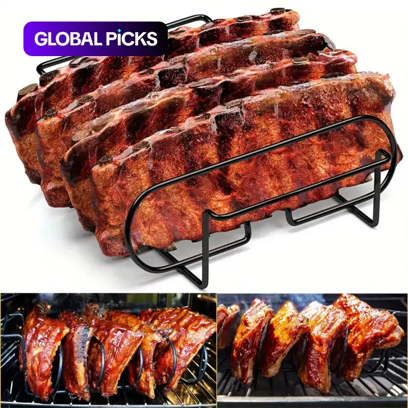 1pc Stainless Steel BBQ Rib Rack, Portable Grilling Tool for Outdoor BBQ and Smokers, Holds 4 Full Racks of Ribs, No Battery Required #GLOBAL PICKS