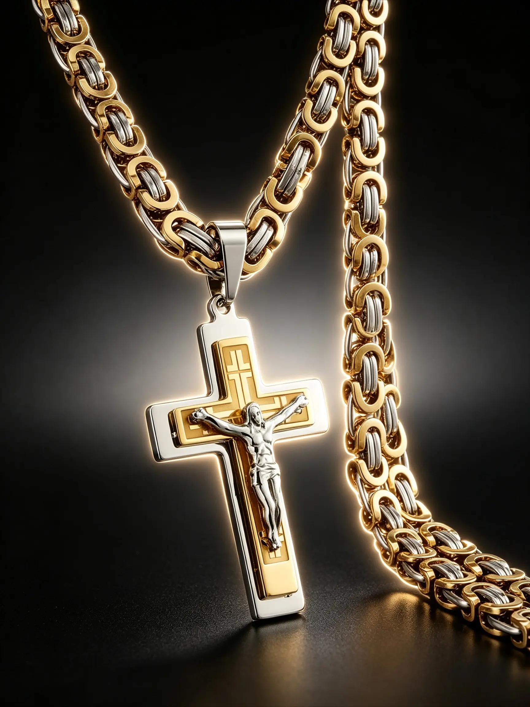 jesus crucifix cross necklace for men, 3 colors byzantine chain pendant, stainless steel hip hop jewelry, two tone gold silver punk statement chain, waterproof hypoallergenic street accessory, father birthday gift for him, Religious Symbol Jewelry