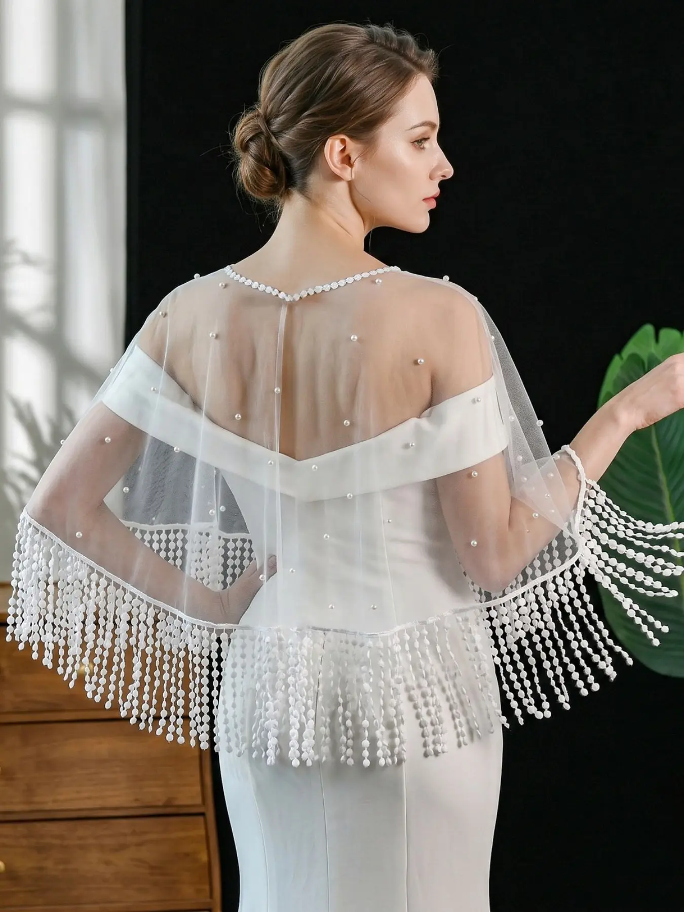 Pearl Fringe Mesh Shawl, Short Sleeve Arm Cover, Bridal Cardigan Outerwear, Wedding Dress Accessory, Elegant Bride Fashion
