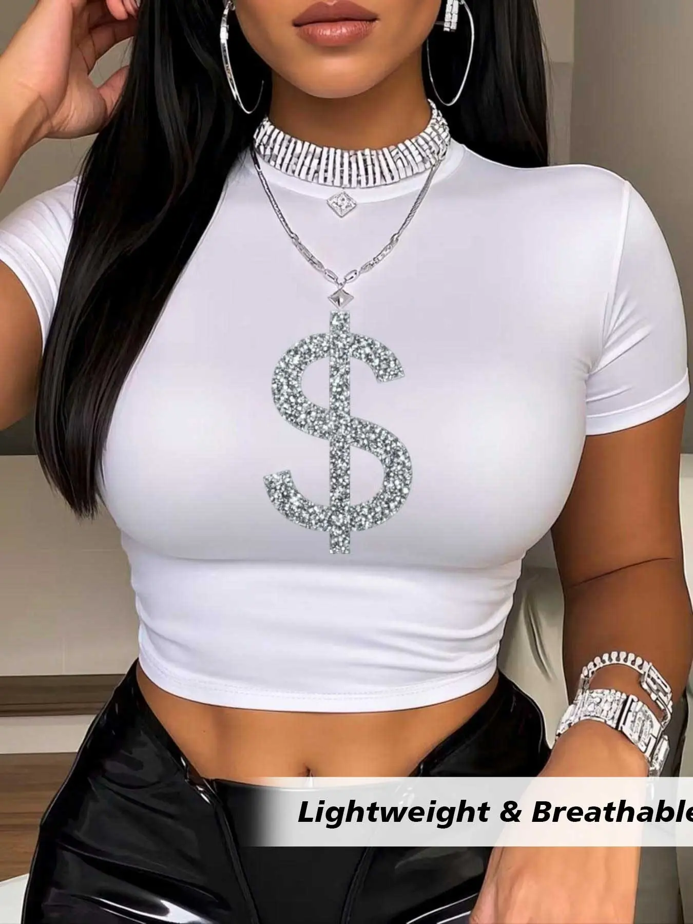 Rhinestone Dollar Sign Print Crop Tee - Y2K Party Clubwear Slim Fit Top Fashion Trend Bold Print