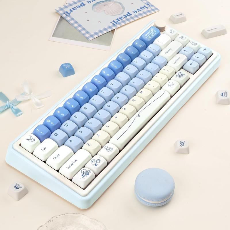 Blue White PBT Keycaps, MOA Profile, Custom Keyboard Keycap, Minimalist Style Dye Sub Keycaps, 130 Keys Anime Keycap Set for Cherry Gateron MX Switches Gaming Keyboard