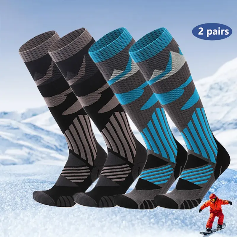 2 Pairs Professional Ski Socks Thick Terry Lined Knee High Thermal Long Socks Cushioned Heel Toe Anti Slip Shock Absorbing Compression Stockings For Skiing Snowboarding Winter Outdoor Sports Men Women