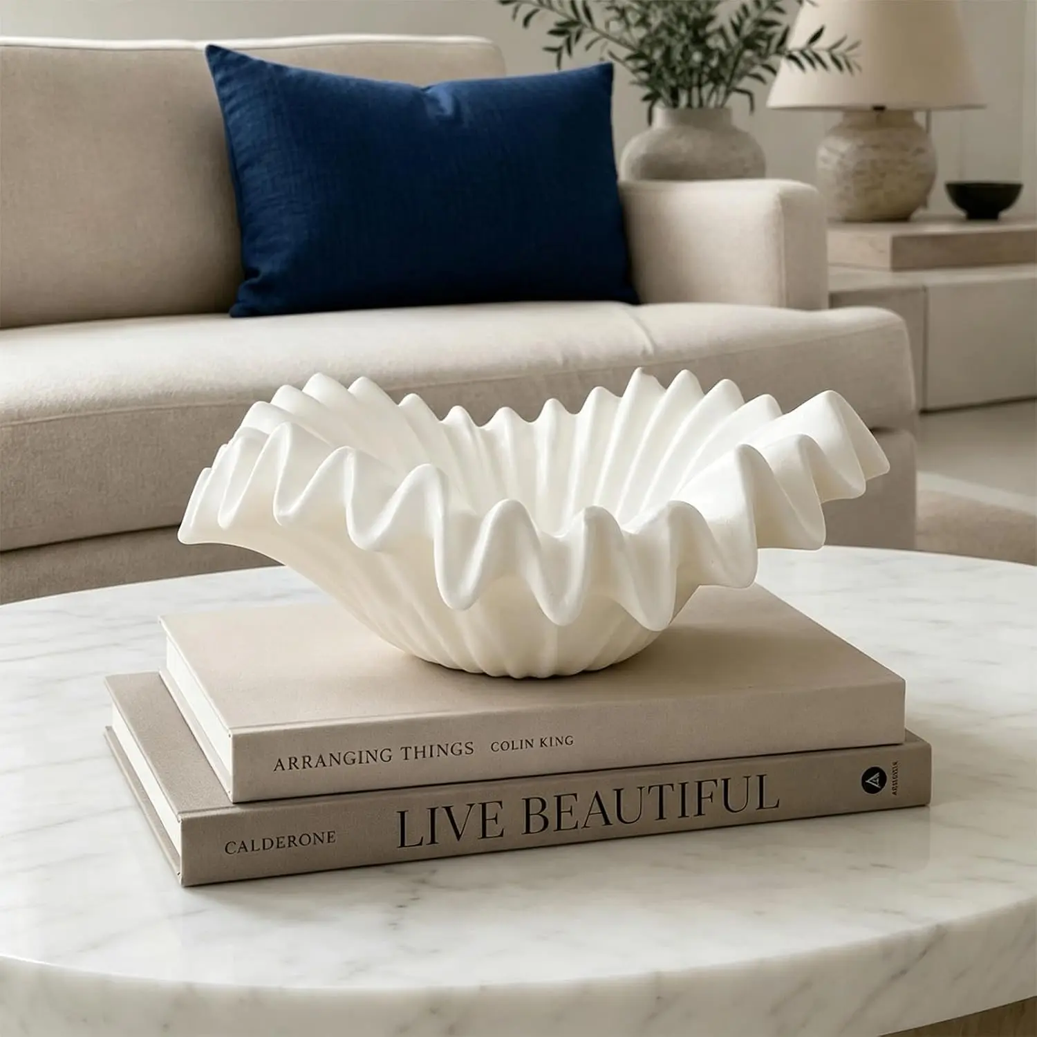 White Decorative Resin Ruffle Bowl - 12 Inch Art Deco Style Bowl for Entryway, Dining Table Centerpiece, Fruit or Key Holder, Perfect for Modern Home Decor