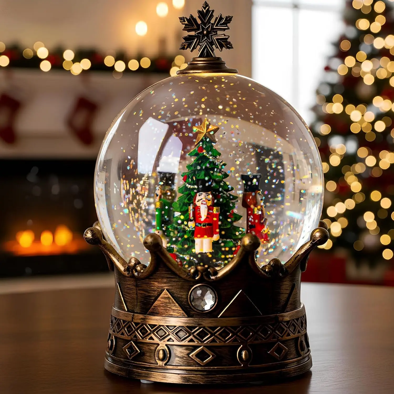 Snow Globe Musical Crown Water Lantern with Swirling Glitter Christmas Home Decoration and Gift Battery Operated or USB Powered
