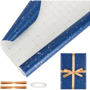 17In x 33Ft Wrapping Paper Set with Ribbon,  Wrap Roll with  &  Foil Flake, Pearly-Lustre  Wrapping Paper for Office Birthday Party Wedding DIY Craft Graduation Father's Day (Blue)