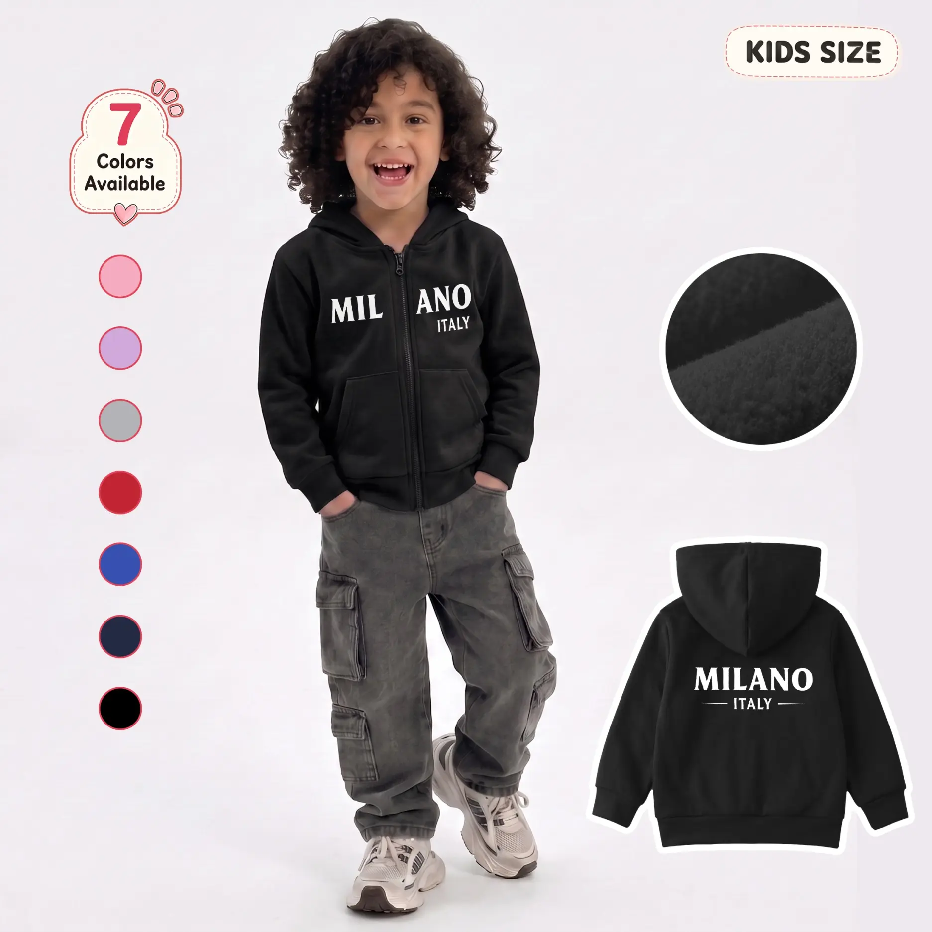 Kids’ MILANO ITALY Letter Graphic Zip-Up Hoodie, Casual Long Sleeve Hooded Jacket with Front Pockets and Back Print, Everyday Outerwear for School, Travel, Outdoor Play and Weekend Wear