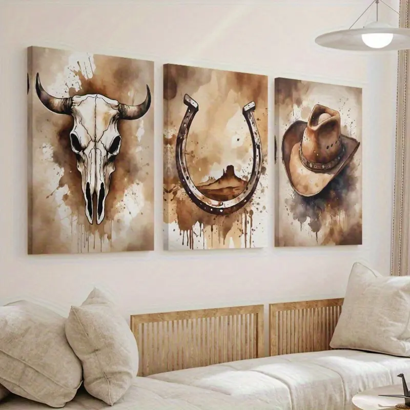 3-piece vintage cowboy canvas art set - rustic western wall decor with cow head, horseshoe, and cowboy hat, wooden frame, suitable for living room and bedroom, western home decor
