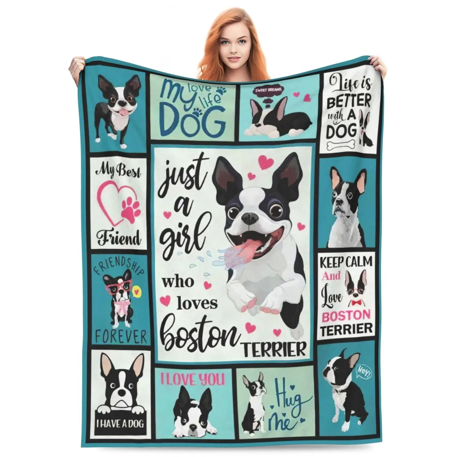 1PC Just A Girl Who Loves Boston Terrier Grid Patchwork Print Flannel Blanket, Teal Multi-panel Black White Dog Paw Heart Text Soft Throw Blanket, Boston Terrier Pet Lover Nap Cover For Sofa Office, All Season Vintage Cute Pet Decor Bed Throw
