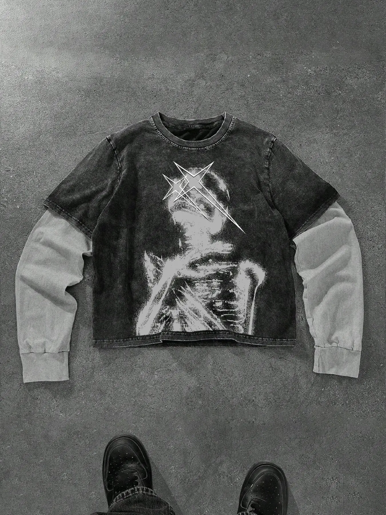 Men's Long Sleeve Tee Y2K Grunge Vintage Acid Wash Skeleton Star Graphic Patchwork T-Shirt for Unisex Streetwear Daily Wear
