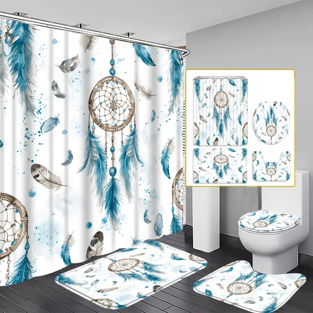 4-Piece set, Dream Catcher shower curtain set, blue feather beaded bathroom decoration, including floor mat, U-shaped mat, toilet cover cover, bohemian style, home decoration.
