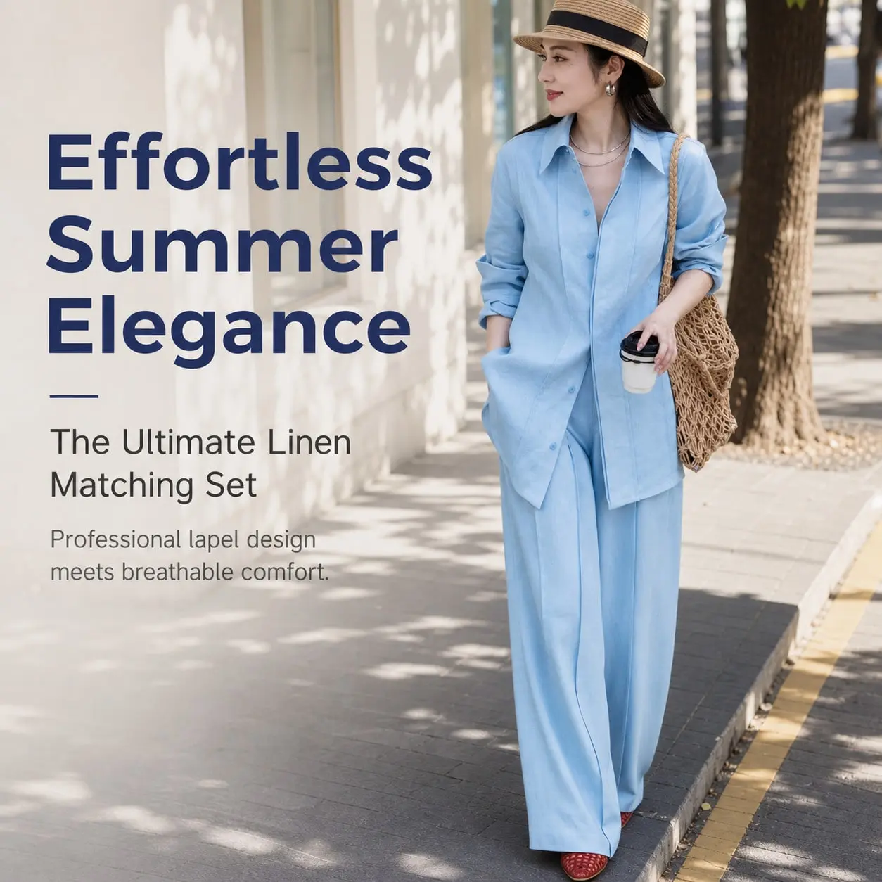 Women Light Blue Linen 2 Piece Matching Suit, Oversized Long Sleeve Shirt & High Waist Wide Leg Pants Summer Casual Outfit
