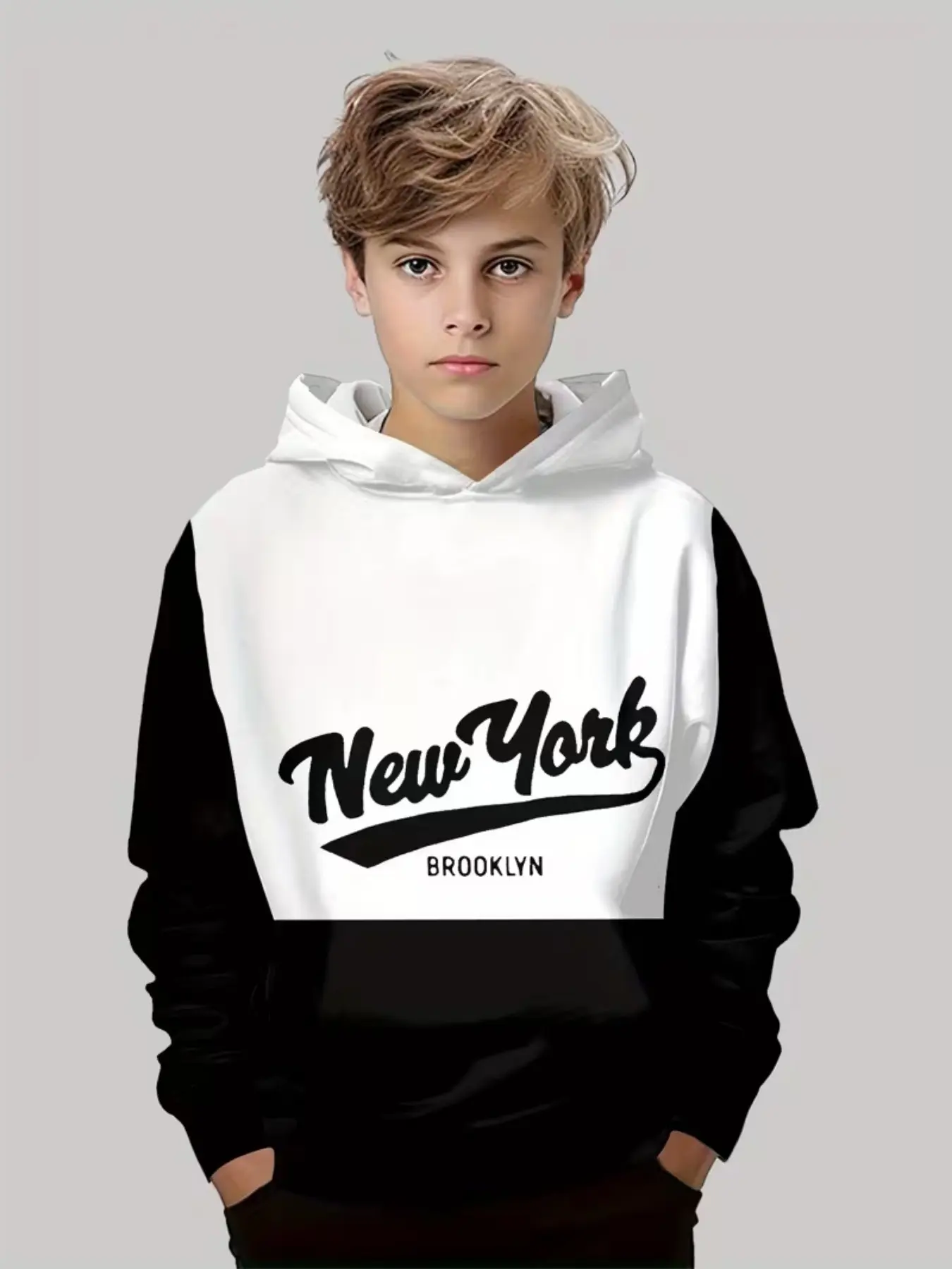 New York Brooklyn Colorblock Hoodie, Men's Casual Trendy Jacket, Patchwork Loose Fit, Long Sleeve Pullover for Spring & Fall