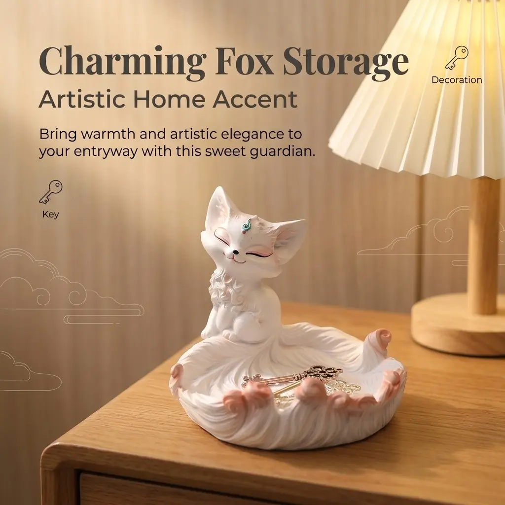Nine-Tailed Fox Figurine Storage Tray, Elegant Resin Jewelry Dish, Cute Mythical Animal Desk Key Organizer, Aesthetic Bedroom Decor Gift