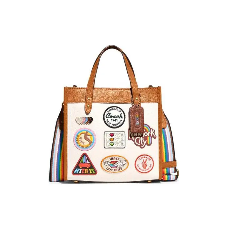 Coach Field 22 Embroidered Logo Patchwork Leather Tote Bag for Women in Beige and Brown
