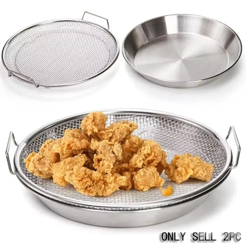 Stainless Steel Oil Drainer with Tray, Foldable Round Metal Net Fry Basket, Non-Stick Oil Resistant, Kitchen Tool for Frying and Washing Vegetables, Collapsible Strainers for Kitchen, Grease Strainer