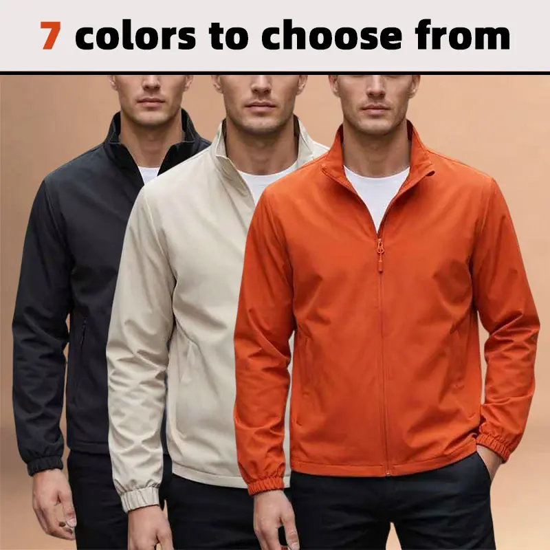 Men's simple pure-color stand collar zipper jacket, business commuting lightweight windproof jacket, cuffed sleeves, zipper pockets, versatile multi-color casual short top