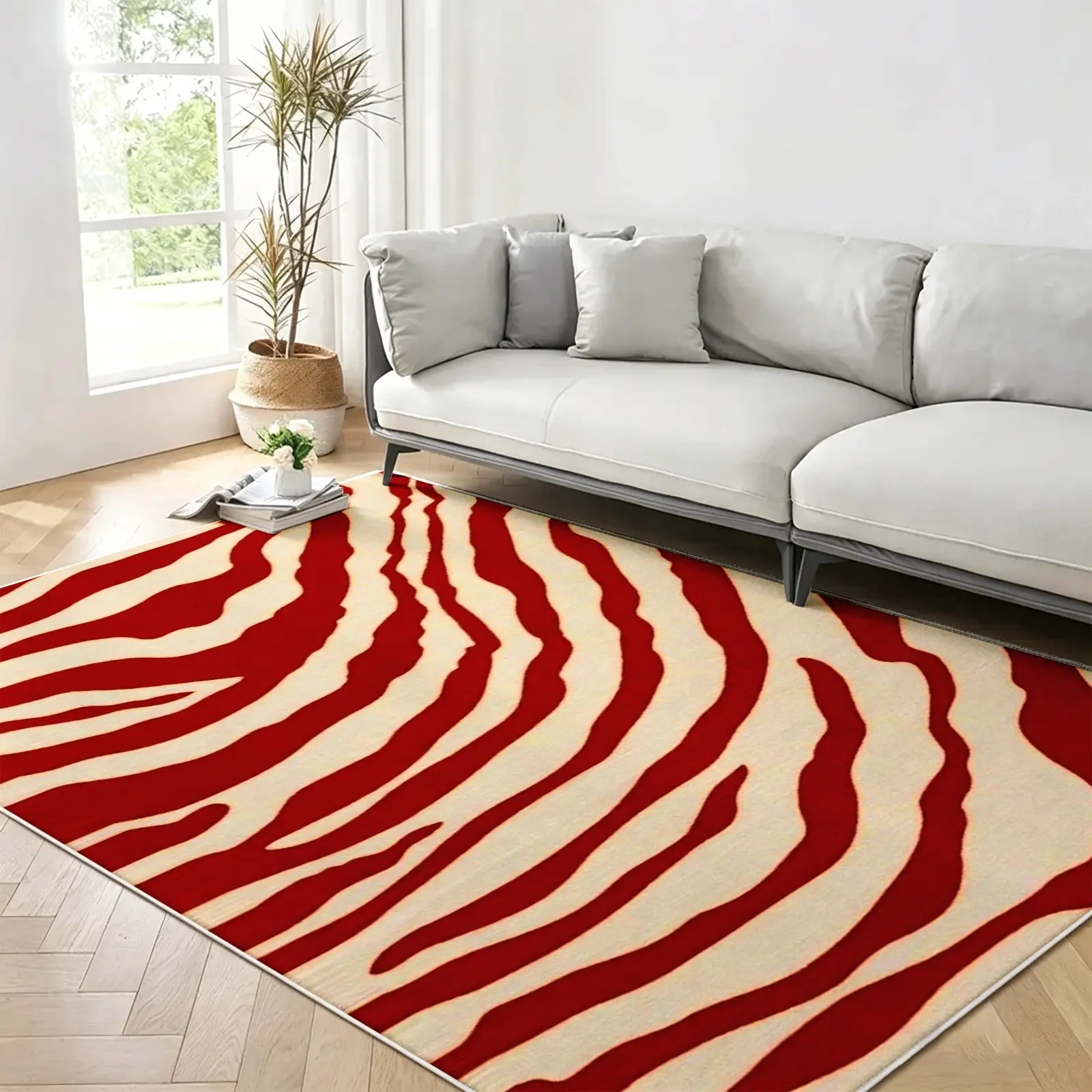 1pc Modern Abstract Red Zebra Area Rug, Cream and Deep Red Flowing Stripe Carpet, Soft, Non-Slip, Machine-Washable Floor Covering, Stain-Resistant, Low-Pile Rug, Aesthetic Decor for Living Room and Bedroom (Various Sizes)