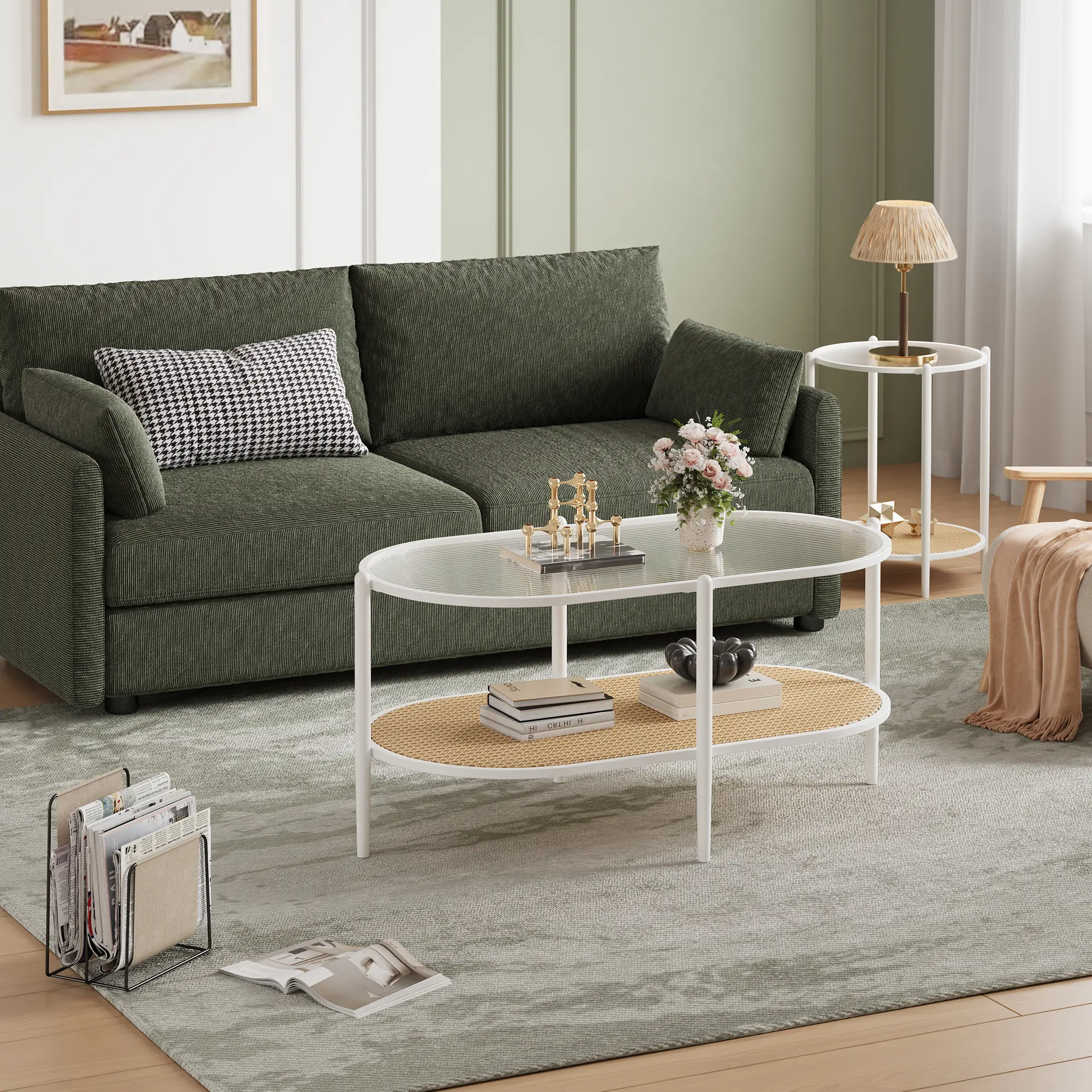 Garvee Modern Boho Oval Rattan Coffee Table – 2-Tier Storage Shelf – Water-Wave Tempered Glass Top – Reinforced Metal Frame – Living Room, Bedroom, Small Spaces