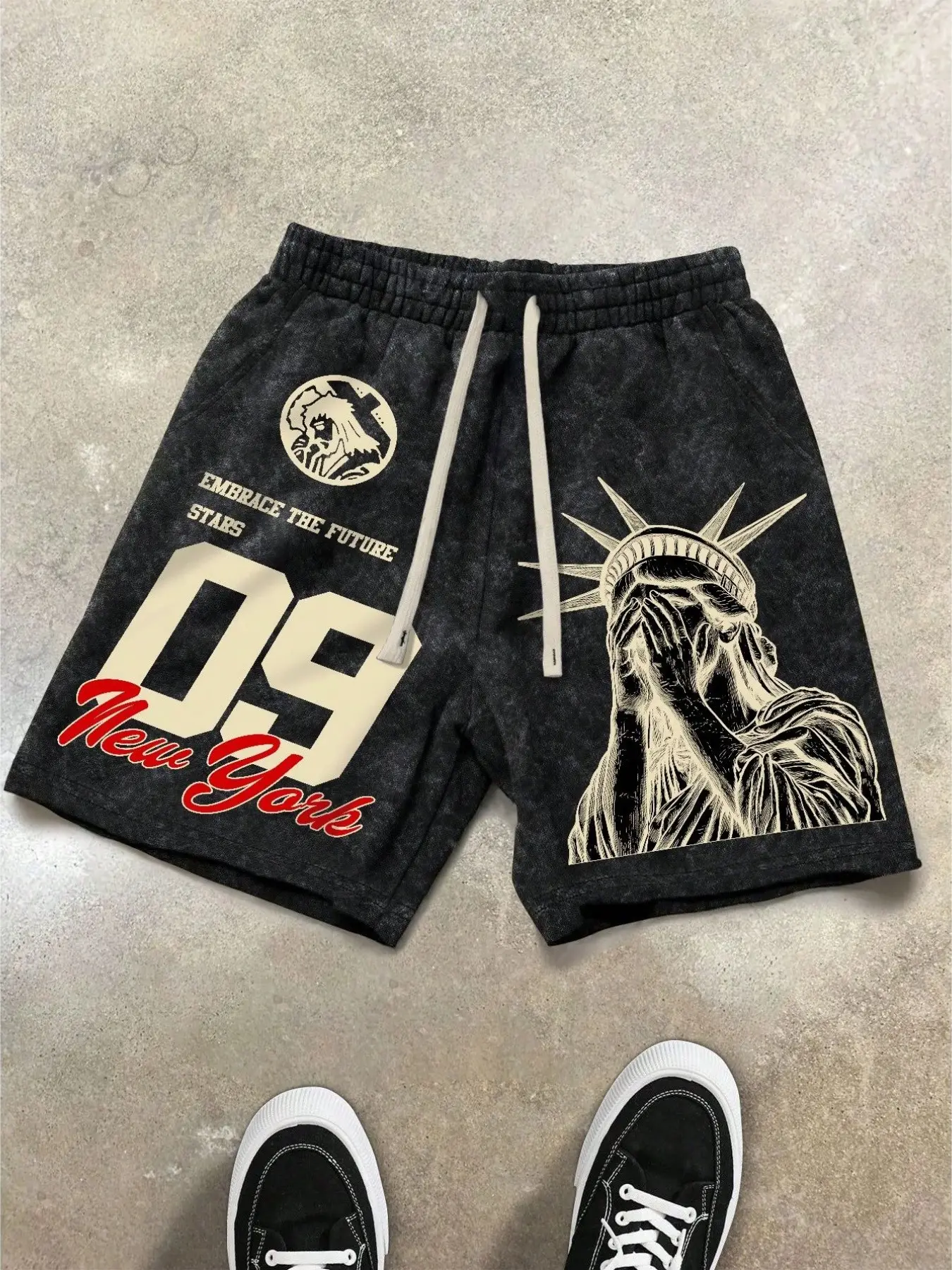 Men's Shorts Y2K Streetwear Statue of Liberty Graphic Printed Drawstring Elastic Waist Loose Casual Sweat Shorts
