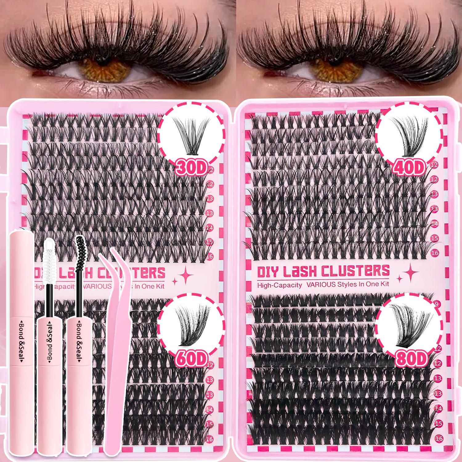 800/740/200pcs Eyelash Extension Kit, Fluffy Lash Extension Set with Lash Bond & Seal, Lash Tweezers and Thick Lash Clusters, Wispy Individual D-Curl Lashes with Eyelash Glue & Tweezers, Eyelash Tools, Cosmetic (30D/40D/50D/60D/80D/100D Mixed, 9-16mm)