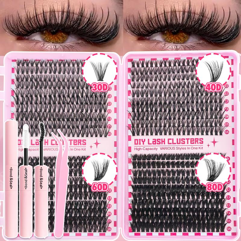 800/740/200pcs Eyelash Extension Kit, Fluffy Lash Extension Set with Lash Bond & Seal, Lash Tweezers and Thick Lash Clusters, Wispy Individual D-Curl Lashes with Eyelash Glue & Tweezers (30D/40D/50D/60D/80D/100D Mixed, 9-16mm)