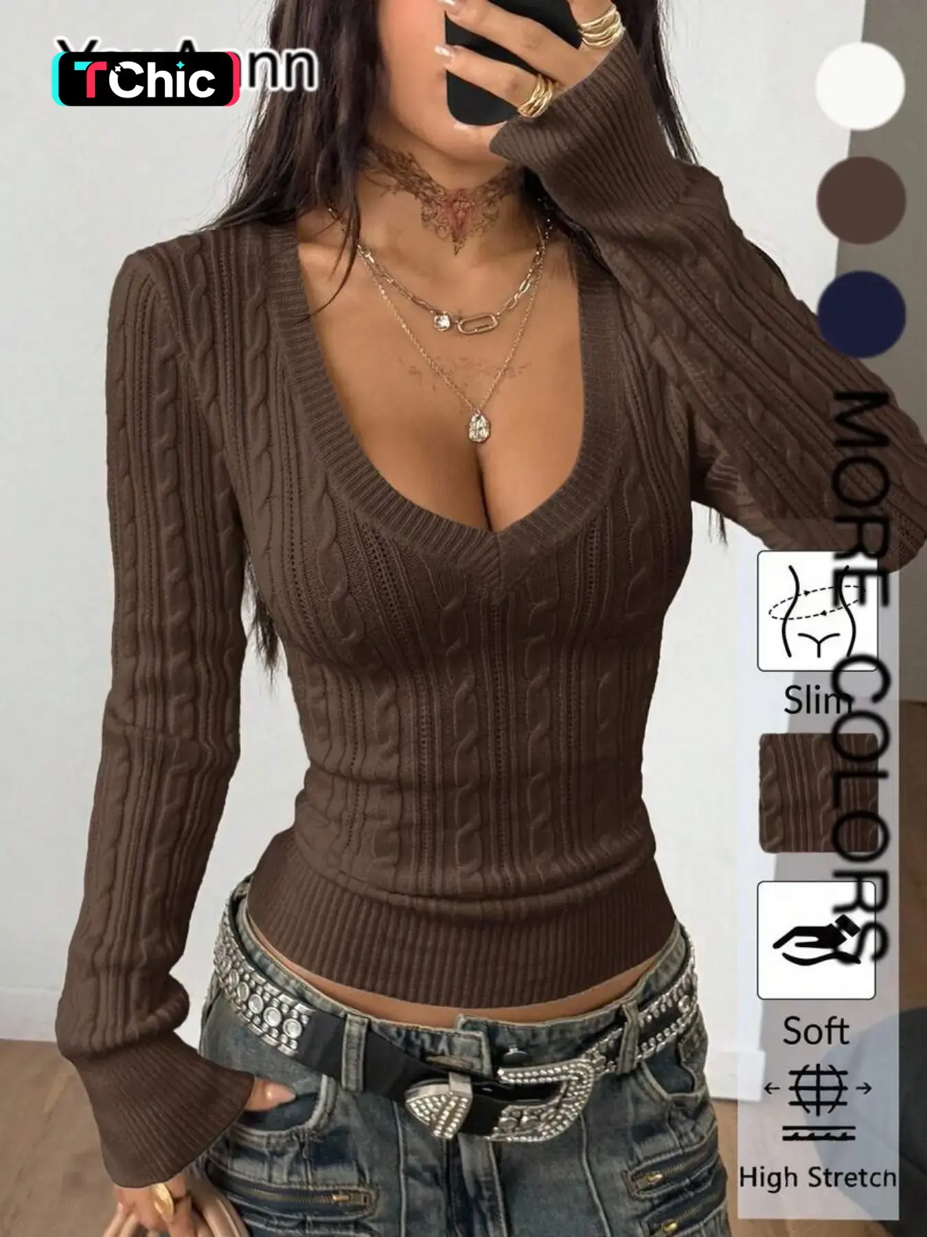 Elegant V-Neck Cable Knit Sweater for Women, Fall Winter New Arrival, Soft and Stylish, Slim Fit, Casual and Fashionable, Versatile Knitted Top