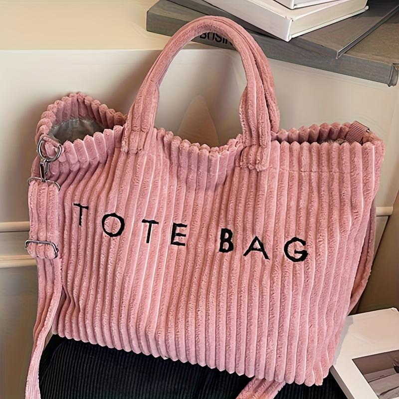 New Corduroy Women's Fashion Solid Color Soft Large Capacity Shoulder Bag with Letter Pattern Contrast Design Adjustable Strap Tote Bag Classic Square Work Bag for Work Shopping Dining as Gift